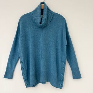 Cynthia Rowley 2-Ply Cashmere Teal Turtleneck Sweater with Button Hem Sz S EUC